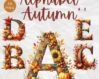 Watercolor Autumn Floral Alphabet Clipart Bundle, Flower Alphabet Clipart, Autumn PNG, Alphabet Clipart, Fall Letters PNG, Fall Alphabet PNG