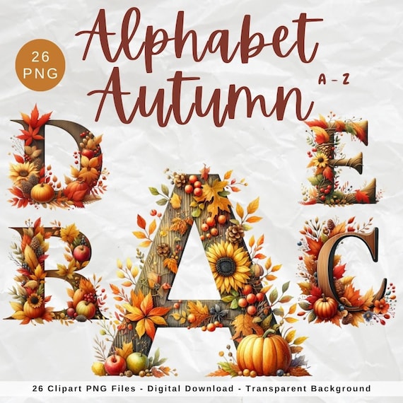 Watercolor Autumn Floral Alphabet Clipart Bundle, Flower Alphabet Clipart, Autumn PNG, Alphabet Clipart, Fall Letters PNG, Fall Alphabet PNG