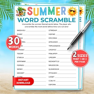 May include: A printable summer word scramble game sheet featuring a colorful title, a cartoon pineapple with sunglasses, and a yellow sun. The page includes thirty scrambled words with blank lines for answers, a black pen, and red circular badges.
