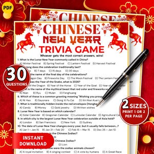 May include: A printable Chinese New Year trivia game with 30 questions, available in two sizes. The design features red and gold colors, with illustrations of horses and Chinese characters. A black pen rests on the game sheets.
