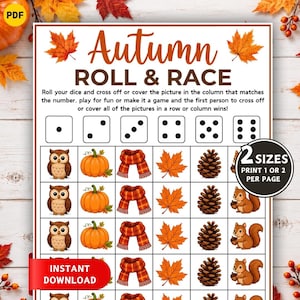 Peut inclure: Une feuille de jeu Autumn Roll & Race avec une grille et des icônes de dés de un à six en haut. Les colonnes contiennent des illustrations de hiboux, citrouilles, écharpes, feuilles d'érable, pommes de pin et écureuils avec des instructions.