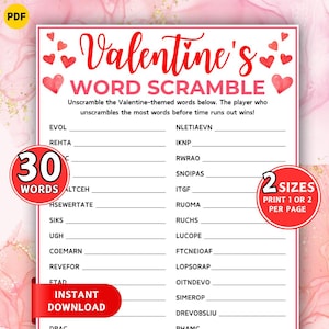Valentijnsdag woord scramble-spel, afdrukbaar valentijnsspel, activiteitenwoordspel voor kinderen tieners volwassenen, Valentijnsfeestspel, klassikaal spel
