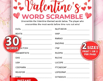 Valentine's Day Word Scramble Game, Printable Valentine Game, Activity Word Game for Kids Teens Adults, Valentine Party Game, Classroom Game