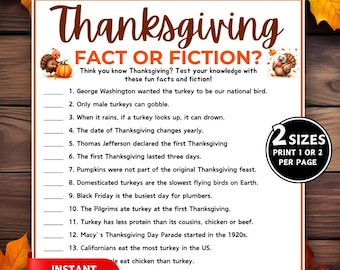 Thanksgiving Fact or Fiction Game, Thanksgiving Printable Games, Thanksgiving Trivia, Friendsgiving Games, Fall Activity For Kids & Adults