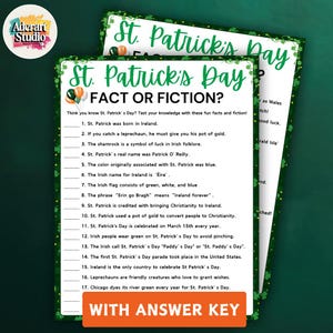 May include: A printable St. Patrick's Day fact or fiction game with 17 questions. The game is designed to test your knowledge of St. Patrick's Day traditions and history. The game is printed on a green background with shamrock and clover graphics.