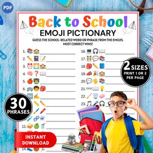 Back To School Emoji Game, Printable School Emoji Quiz, Classroom Party Games, School Activities for Adults and Kids, Guess the Emoji Game