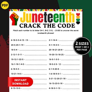 May include: A colorful Juneteenth-themed printable with the words "Juneteenth" and "Crack the Code." The design includes a fist, hearts, and a puzzle to solve. The text prompts matching numbers to letters to reveal phrases.