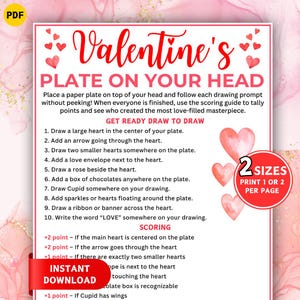 Puede incluir: Un juego imprimible con temática de San Valentín titulado "Plate on Your Head". Las instrucciones incluyen indicaciones de dibujo y una guía de puntuación. El diseño presenta corazones y el texto "Descarga instantánea".