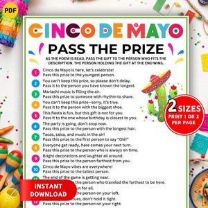Puede incluir: Un colorido juego de fiesta del Cinco de Mayo con el texto "Cinco de Mayo Pass the Prize". El juego incluye instrucciones y una lista de indicaciones. Se presenta un sombrero y un gráfico de cactus. Las palabras "Descarga instantánea" también son visibles.