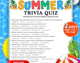 Juego de preguntas y respuestas de verano, juego imprimible para fiestas de verano, actividades de verano para adultos y niños, juegos de verano, cuestionario de preguntas y respuestas de verano, cuestionario familiar de verano