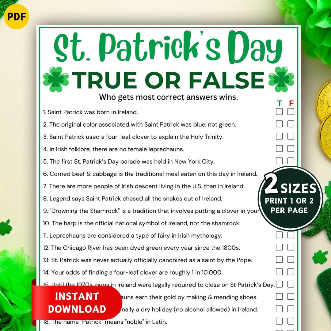 St. Patrick's Day True or False Game, Printable St. Patrick's Day Games ...
