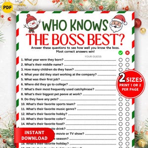 May include: A printable Christmas-themed game titled "Who Knows The Boss Best?" with questions to guess about the boss. The design features a snowman and Santa Claus illustration, with red and green borders. Includes "Instant Download" text.