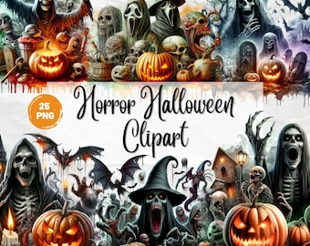 May include: A set of 25 horror Halloween clipart images featuring spooky characters, pumpkins, and bats. The images are in PNG format and have a transparent background.  The text "Horror Halloween Clipart" is displayed in the center of the image.