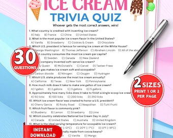 Ice Cream Trivia Game, Printable Ice Cream Quiz, Ice Cream Birthday Party, Dessert Quiz, Kids Birthday Game, Summer Activity for Kids Adults