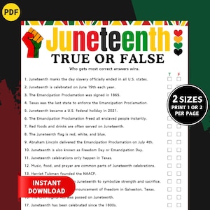 May include: A Juneteenth True or False quiz sheet with a red, black, and green color scheme. The title "Juneteenth" is in large, colorful letters. The sheet includes multiple choice questions about Juneteenth history and facts.