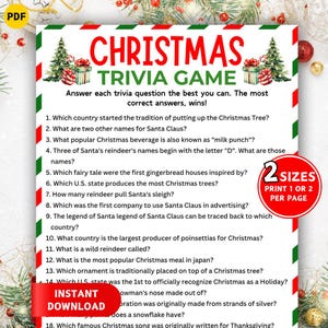 May include: A Christmas Trivia Game printable with a red and green border. The title "Christmas Trivia Game" is displayed above a list of trivia questions. Includes a red "Instant Download" banner and a circular "2 Sizes" graphic.