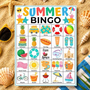 May include: A Summer Bingo game card featuring a grid of twenty-five squares with colorful illustrations of seasonal items like a pineapple, beach ball, hot dog, and surfboard. The title Summer Bingo is printed in large, multi-colored letters.