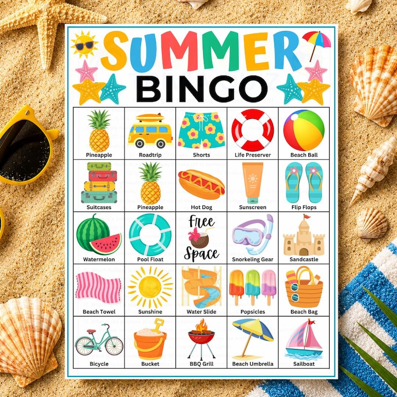 May include: A Summer Bingo game card featuring a grid of twenty-five squares with colorful illustrations of seasonal items like a pineapple, beach ball, hot dog, and surfboard. The title Summer Bingo is printed in large, multi-colored letters.