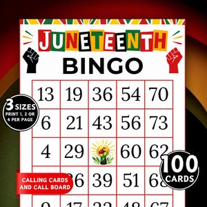 May include: A Juneteenth Bingo game card with a red, yellow, green, and black color scheme. The word "Juneteenth" is at the top, and "Bingo" is below it. The card has a grid of numbers, with the text "3 Sizes" and "100 Cards" on the sides.
