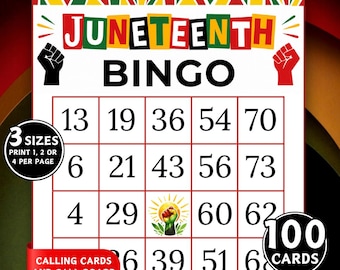 100 Juneteenth Bingokort, Juneteenth Partyspel, Juneteenth Bingospel, Familjespel med svart historia, Juneteenth-aktivitet för barn och vuxna