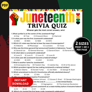 May include: A colorful Juneteenth trivia quiz sheet with multiple-choice questions. The title "Juneteenth Trivia Quiz" is displayed in bold, multi-colored letters. The sheet includes questions about the holiday's history and significance, with answer choices.