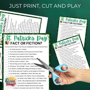 May include: Printable St. Patrick's Day fact or fiction game with green shamrock and balloon graphics. The game includes questions about St. Patrick's Day traditions and history.