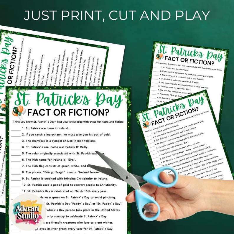 May include: Printable St. Patrick's Day fact or fiction game with green shamrock and balloon graphics. The game includes questions about St. Patrick's Day traditions and history.