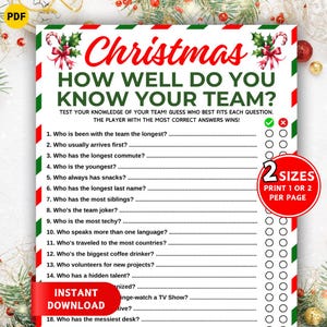 以下が含まれることがあります： 赤と緑のボーダーが付いたクリスマスをテーマにしたゲームシート。「Christmas」というタイトルはお祝いのフォントです。ゲームは「How Well Do You Know Your Team?」と質問してチームメンバーを当てます。