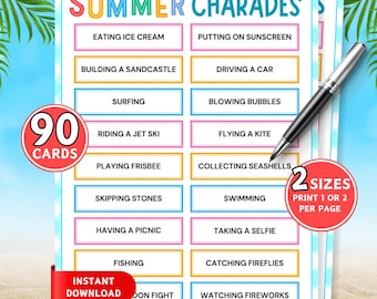 Summer Charades Game, Summer Party Games, Family Summer Games, Pool Party Games, Beach Vacation Activity, Charades Cards for Kids & Adults