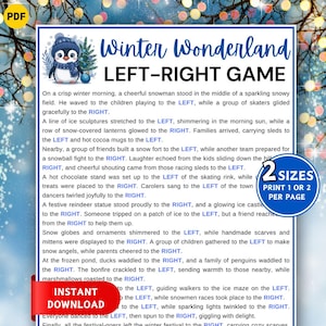 Op de afbeelding: Een PDF-document getiteld "Winter Wonderland LEFT-RIGHT GAME" met een pinguïnillustratie. De tekst beschrijft een winterse scène met activiteiten zoals ijssculpturen, sneeuwforten en een doolhof. Bevat opties voor het afdrukken van 1 of 2 pagina's.