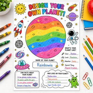May include: A Design Your Own Planet activity sheet featuring a large central rainbow-colored planet, a rocket, an astronaut, a UFO, and space elements. The sheet includes fill-in sections for planet name, features, and fun facts, with Rainbowia written in the name box.