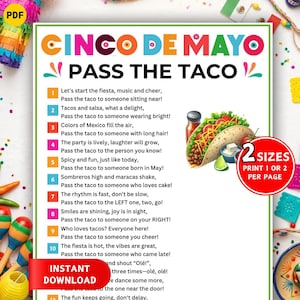 Op de afbeelding: Een kleurrijke printbare Cinco de Mayo-partyspel met de tekst "Cinco de Mayo Pass the Taco". Het ontwerp bevat een taco-illustratie, maracas en de woorden "Direct downloaden".