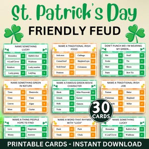 Könnte beinhalten: Ein St. Patrick's Day Friendly Feud-Spiel mit druckbaren Karten. Die Karten zeigen Kategorien wie "Nenne etwas Glückliches" und "Nenne ein traditionelles irisches Essen". Das Spiel enthält 30 Karten zum sofortigen Download.