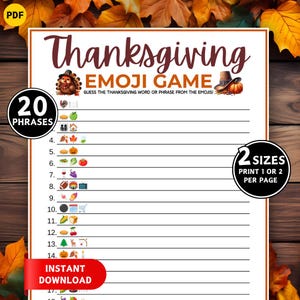 May include: Thanksgiving Emoji Game printable with 20 phrases to guess. The game features a brown and orange design with a turkey and pilgrim hat graphic. The text includes "Thanksgiving Emoji Game" and "Instant Download."