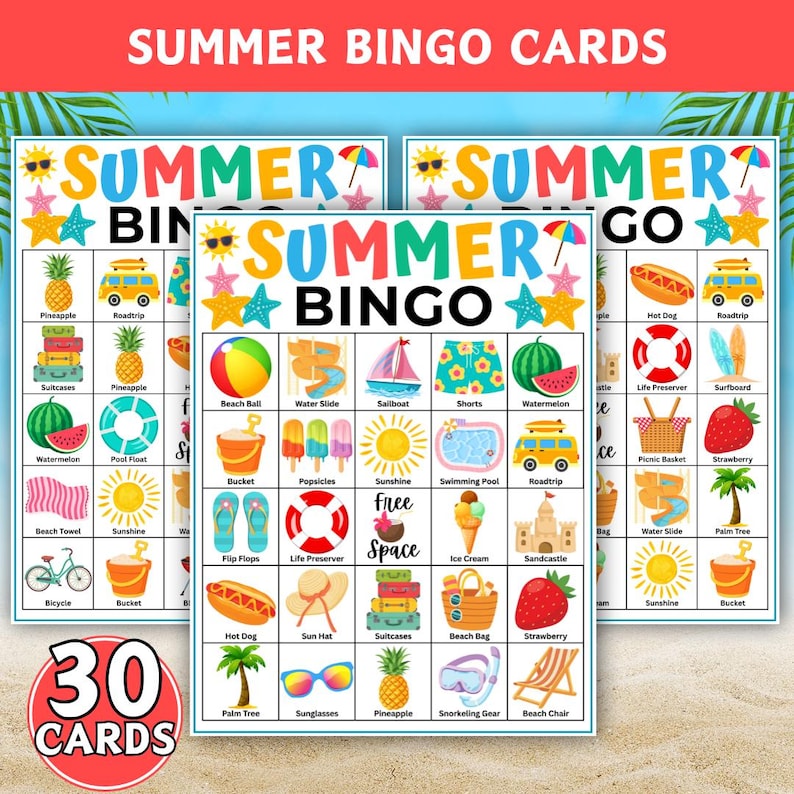 May include: A set of Summer Bingo cards featuring colorful illustrations of seasonal items like beach balls, pineapples, watermelons, flip-flops, and sun hats. Each card includes a grid with text labels for each icon and a central free space.