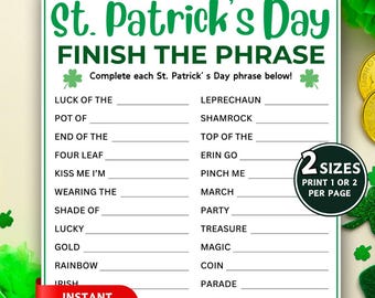 St Patrick's Day Phrase Game, Finish The Phrase, Family Game, Holiday Party Printable, Group Games, St Patricks Day Activity for Kids Adults