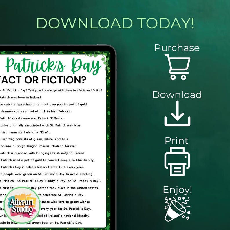 May include: A printable St. Patrick's Day fact or fiction game with a green shamrock design. The game includes questions about Irish culture and history. Download, print, and enjoy!