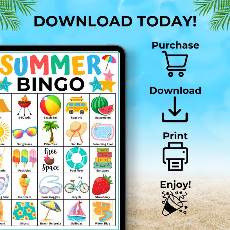 Summer Bingo, 30 Printable Summer Bingo Cards, Summer Activity, Beach Bingo Game, Summer Party Game, Vacation Games, Kids Summertime Games image 12