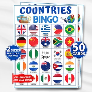 May include: A Countries Bingo game sheet featuring a grid of circular national flags and a central free space. The header reads Countries Bingo. Two blue circular badges state 2 sizes print 1 or 2 per page and 50 cards. A red banner reads Calling Cards and Call Board.