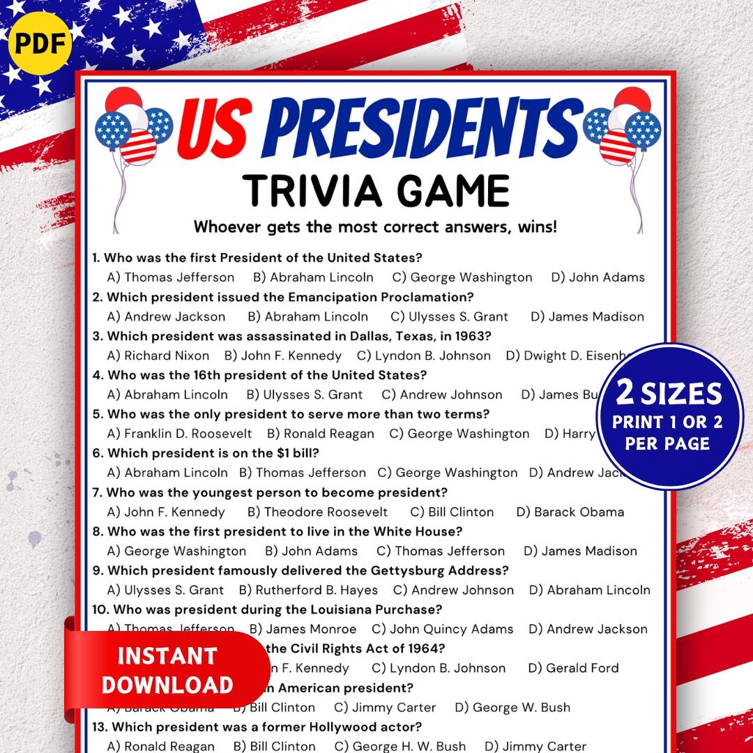 US Presidents Trivia Game, Printable 4th of July Games, American Trivia ...