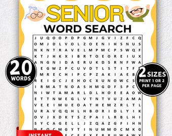 May include: A yellow and white Senior Word Search puzzle with the text "SENIOR WORD SEARCH" in large yellow letters. The puzzle includes 20 words and offers two print sizes. The image also features the words "INSTANT DOWNLOAD".