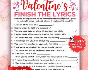 Printable Finish the Lyrics Game, Valentines Games, Valentine Party Game, Song Trivia Quiz, Song Game for Kids & Adults, Valentine Activity
