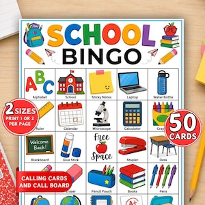 May include: A School Bingo game sheet featuring colorful illustrations of school supplies like a backpack, laptop, and microscope. The grid includes text labels for each item, a central free space, and red circular overlays stating 2 sizes and 50 cards.