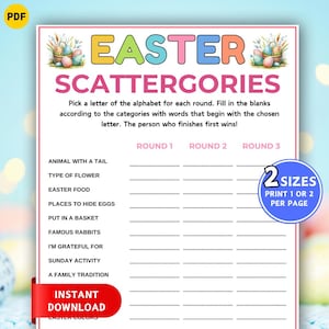 May include: A printable Easter Scattergories game with colourful text and graphics. The game includes categories like "Animal with a Tail" and "Easter Food." The design features pastel colours and the text "Instant Download."