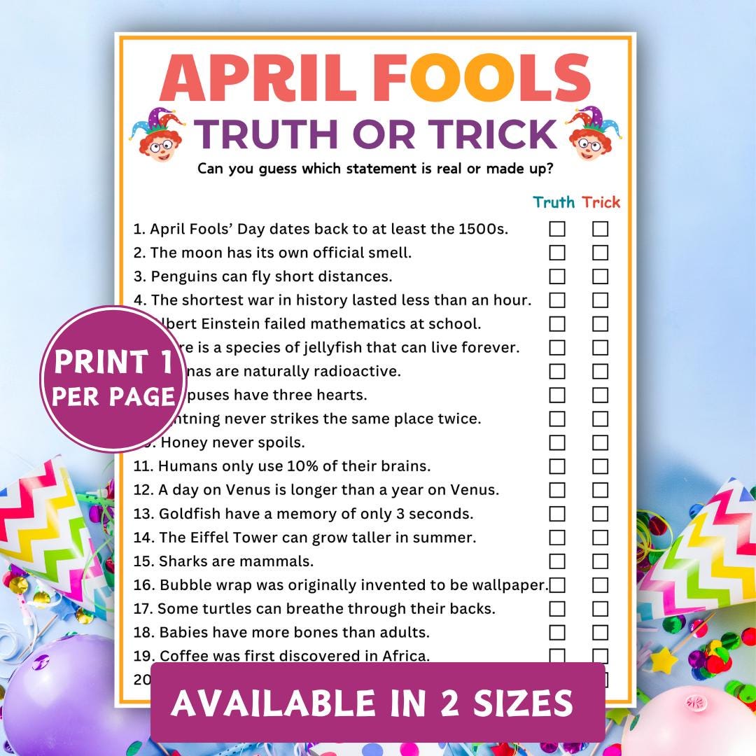 Truth or Trick Game, April Fools' Day Trivia, April Fools Party Game ...