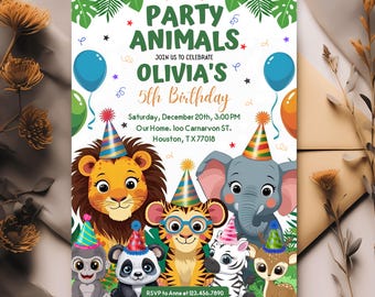 Bearbeitbare Partytiere Einladung, Dschungel Safari Geburtstagsparty einladen, Safari Wildtiere Einladung, Dschungeltiere Party einladen