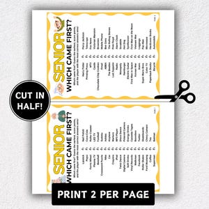 K&ouml;nnte beinhalten: Ein bedrucktes Spielblatt mit dem Titel "SENIOR WHICH CAME FIRST?" mit zwei Spalten von Gegenst&auml;nden, die die Spieler herausfordern, das fr&uuml;heste zu erraten. Das Blatt enth&auml;lt den Text "PRINT 2 PER PAGE" und eine Grafik "CUT IN HALF!"