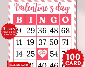 100 Valentine's Day Bingo Cards, Valentines Party Game, Valentines Bingo, Printable Games, Valentines Activity, Bingo Game for Kids & Adults