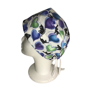 Purple green blue hearts black Cat white Surgical Scrub Cap with Strings – Gift for Vet Students, Cat Lovers & Animal Lovers | Washable