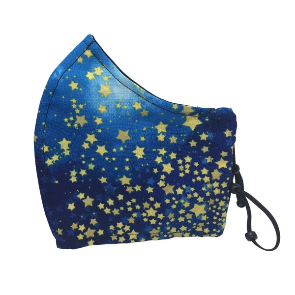 Dark Blue & Gold Stars face mask with nose wire  filter pocket • gift for her - kids face mask to XL face mask